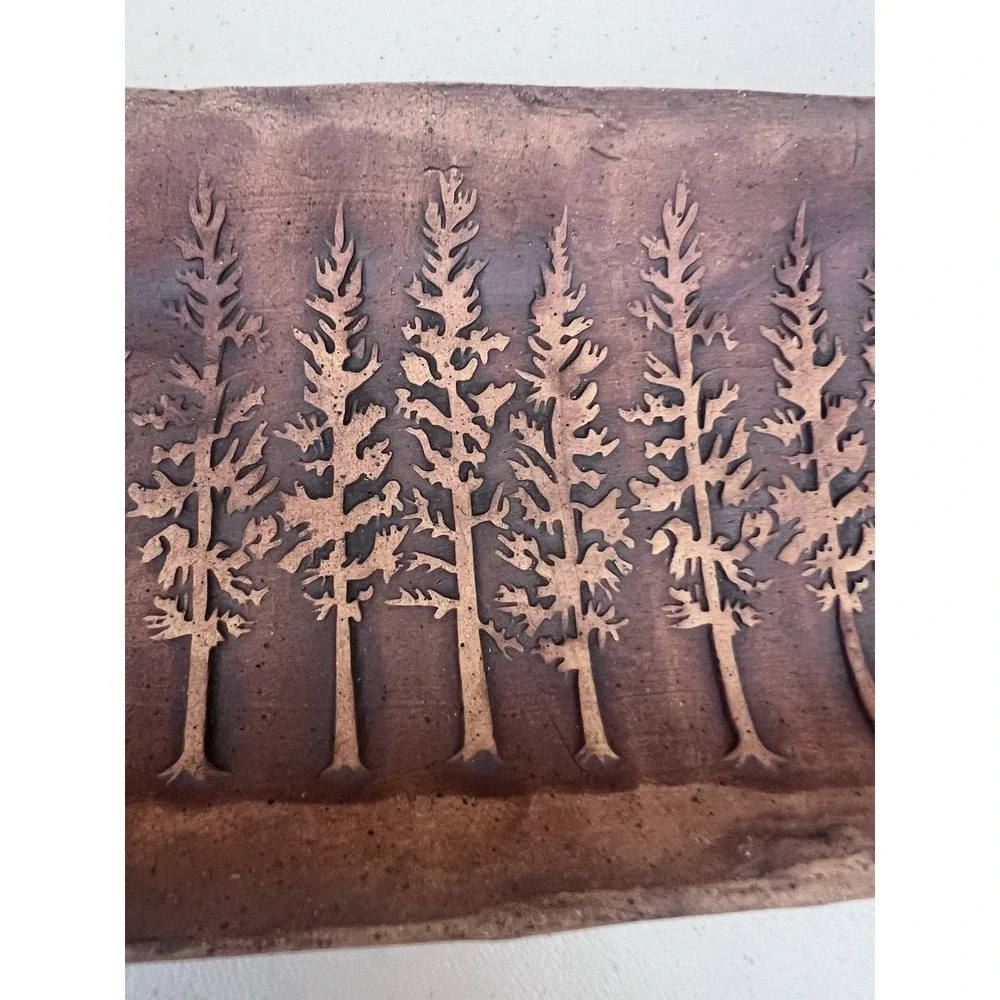 Handmade Studio Pottery Pine Tree Forest Tray Rustic Woodland Trinket Dish 9.25